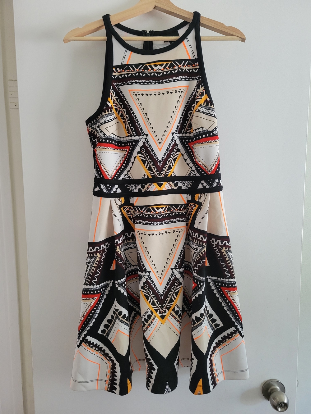 Sleeveless Geometric Fit-and-Flare Dress in Cream, Black & Red